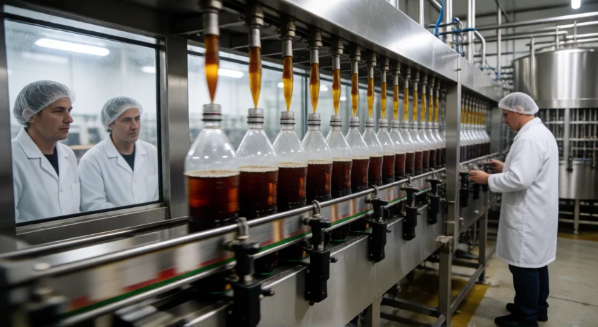 Línea de embotellado industrial de Coca-Cola con botellas PET siendo llenadas