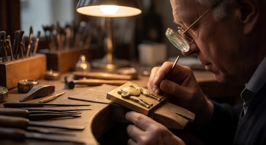 cómo se fabrica la copa del mundial, Artesano suizo bañando en oro una pieza de la Copa del Mundo en el taller de Aspremont, Ginebra