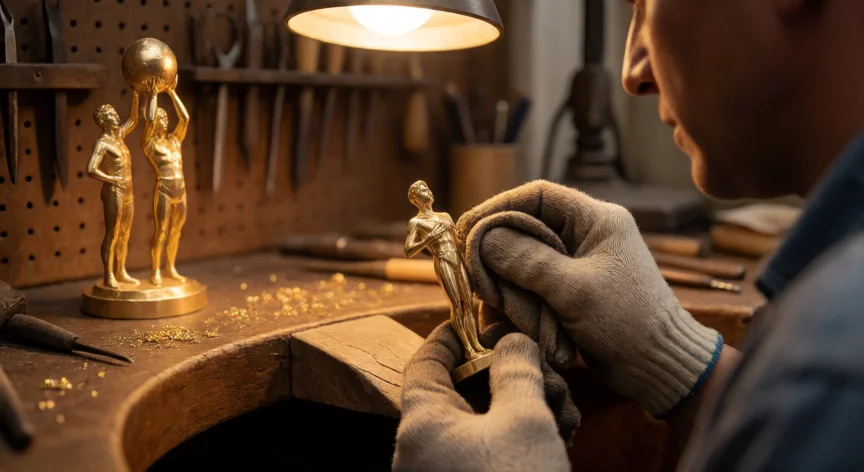 como se fabrica la copa del mundo, Artesano italiano puliendo una figura de oro de 18 quilates en su taller de orfebrería
