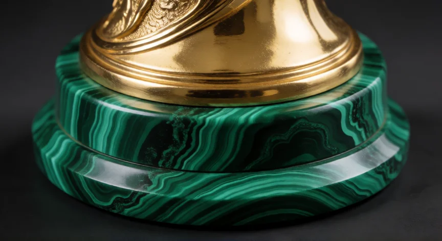 como se fabrica la copa del mundo, Detalle de la base de la Copa del Mundo con anillos de malaquita verde y oro pulido