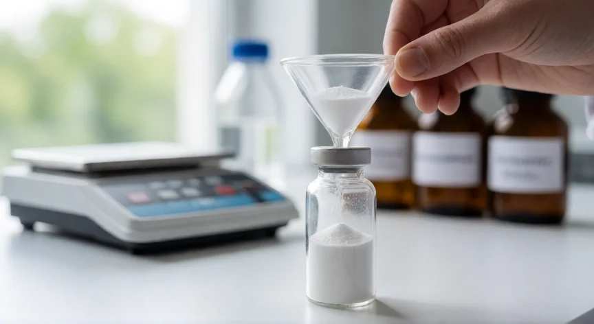 como se fabrica la creatina, Polvo blanco de creatina monohidrato purificada tras el proceso de recristalización en laboratorio