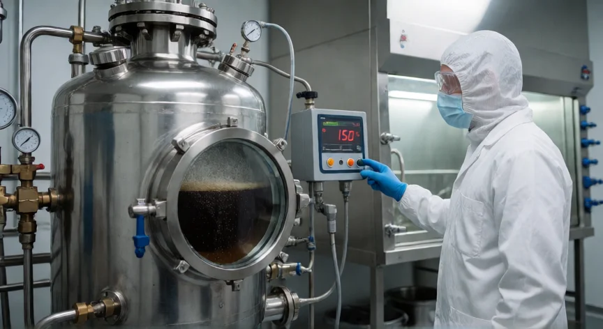 como se fabrica la creatina artificial, Reactor industrial de presión donde se sintetiza creatina a 150°C con sarcosina y ácido ciánico