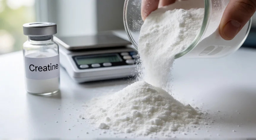 como se fabrica la creatina artificial, Polvo blanco de creatina monohidrato de alta pureza en entorno de laboratorio farmacéutico