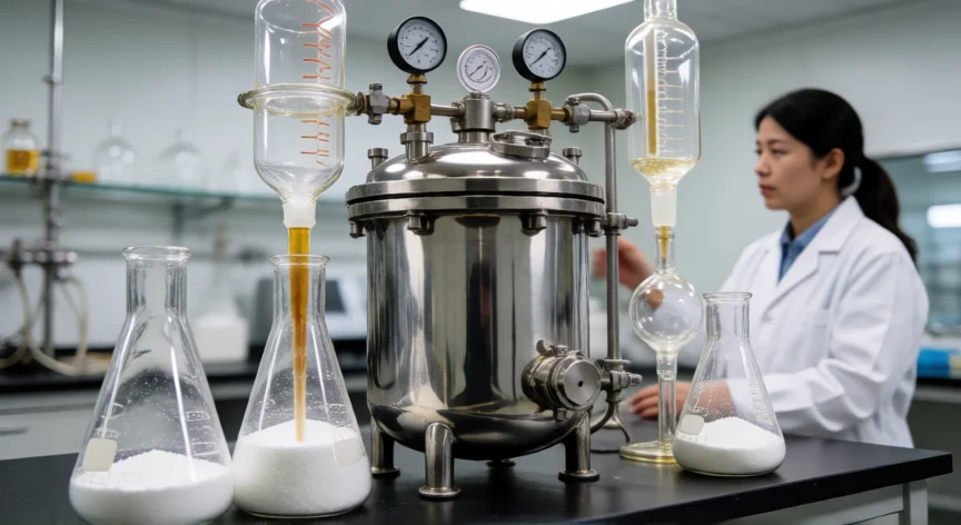 como se fabrica la creatina monohidratada, Reactor industrial de presión utilizado en la síntesis de creatina monohidratada con matraz y cristales blancos