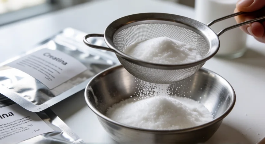 como se fabrica la creatina monohidratada, Polvo blanco de creatina monohidratada siendo tamizado en un laboratorio de control de calidad