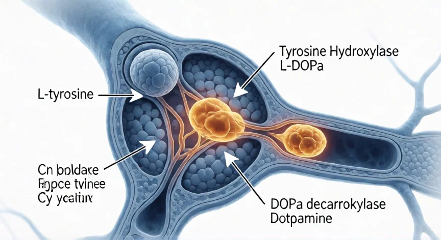 como se fabrica la dopamina, Esquema de la vía de síntesis de dopamina dentro de una neurona dopaminérgica