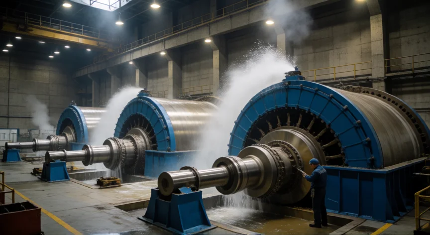 como se fabrica la electricidad, Interior de una central hidroeléctrica con turbinas y generadores en funcionamiento