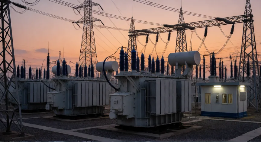como se fabrica la electricidad, Subestación eléctrica con transformadores y líneas de alta tensión al atardecer