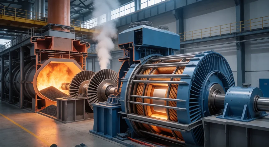 como se fabrica la energia electrica, Corte transversal de una central térmica mostrando caldera, turbina de vapor y generador eléctrico