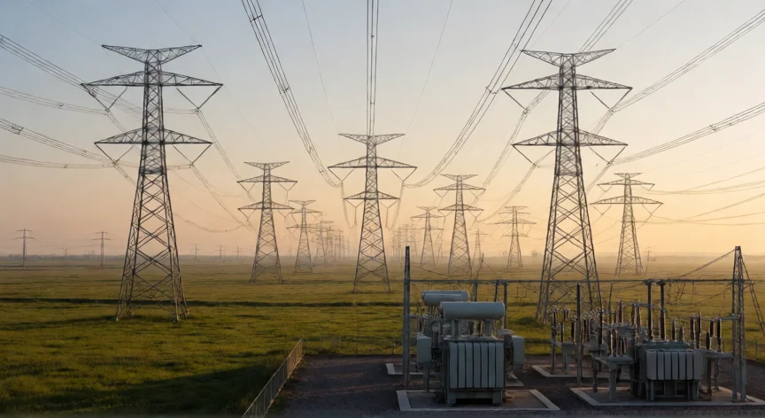 como se fabrica la energia electrica, Línea de alta tensión con torretas metálicas y subestación de transformación al atardecer