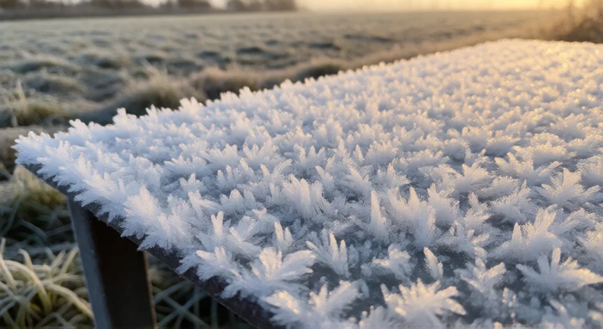 como se fabrica la escarcha, Cristales de escarcha blanca sobre superficie metálica al amanecer