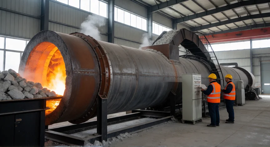 como se fabrica la escayola, Horno rotativo de cocción de yeso en planta industrial con roca de yeso siendo introducida