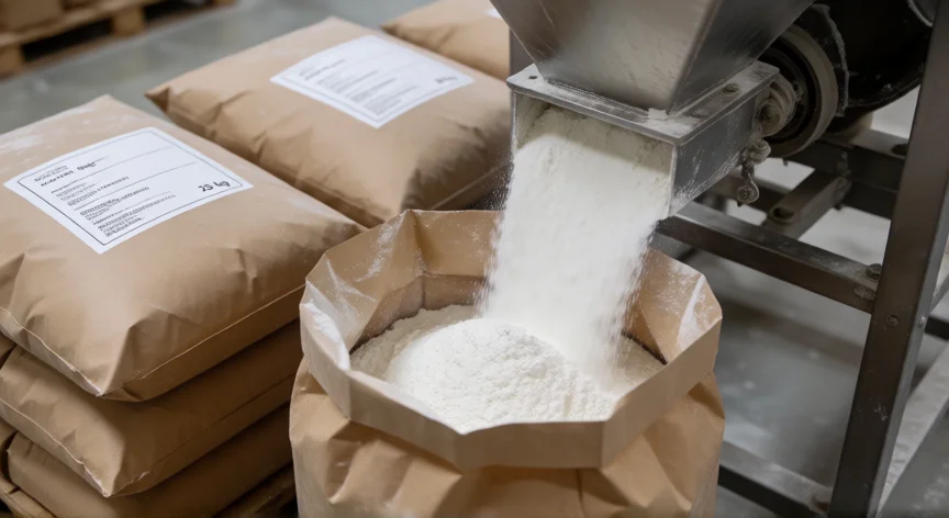 como se fabrica la escayola, Polvo de escayola blanca envasándose en sacos de 25 kg en línea de producción industrial