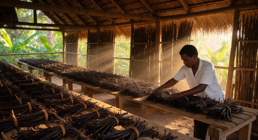 Taller de curado de vainas de vainilla en Madagascar con vainas extendidas en estantes de madera