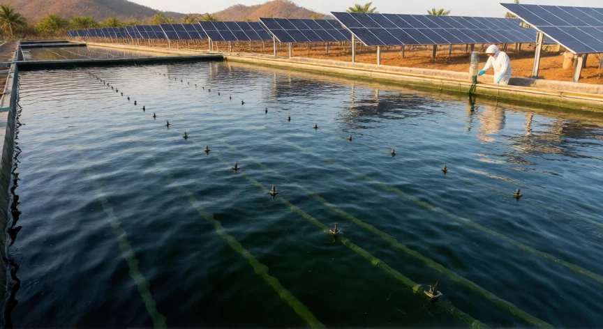 como se fabrica la espirulina, Canales de cultivo de espirulina al aire libre en una granja industrial con agua de color azul oscuro