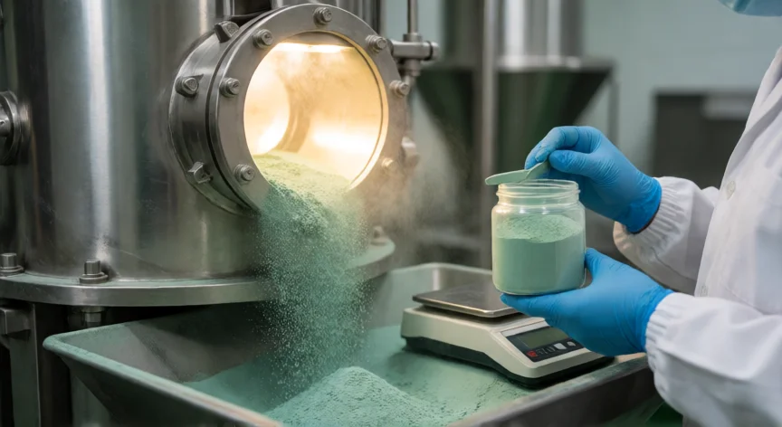 como se fabrica la espirulina, Torre de secado por atomización de espirulina en planta industrial alimentaria con operario analizando el polvo