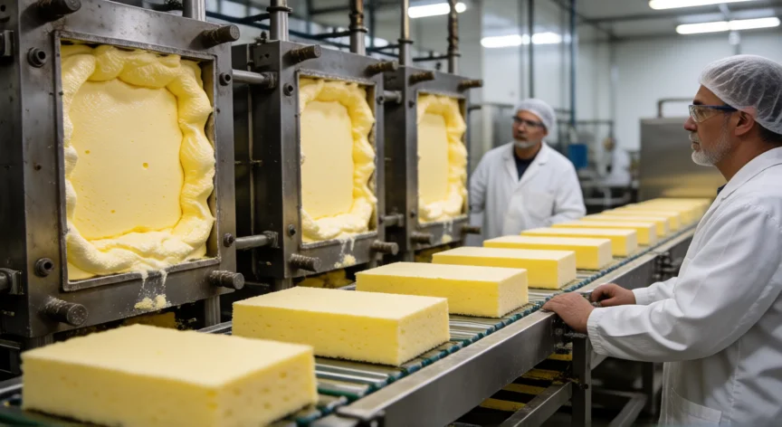 cómo se fabrica la esponja, Línea de producción de espuma de poliuretano para esponjas en fábrica industrial