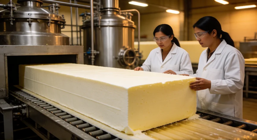 como se fabrica la espuma para colchones, Bloque de espuma de poliuretano recién cortado en línea de producción industrial