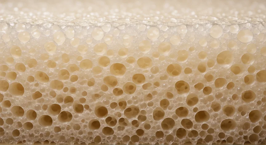 como se fabrica la espuma para colchones, Corte transversal en macro mostrando la estructura de celdas de la espuma de poliuretano