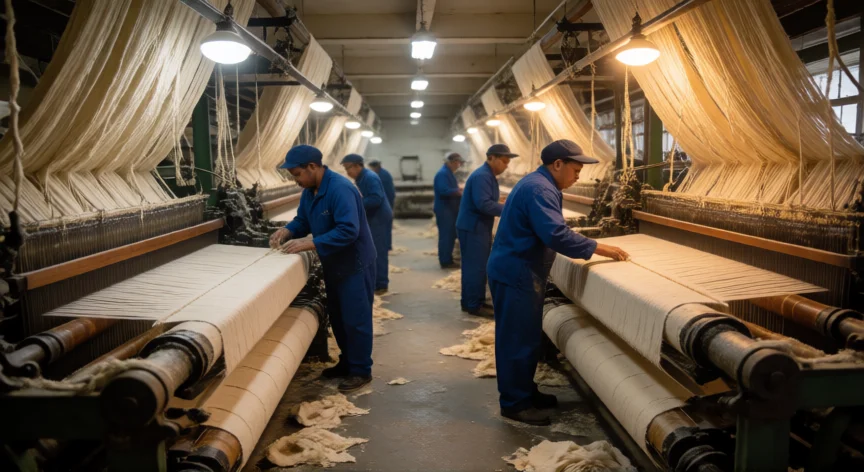 como se fabrica la estopa, Telares industriales tejiendo estopa de algodón grueso en una fábrica textil