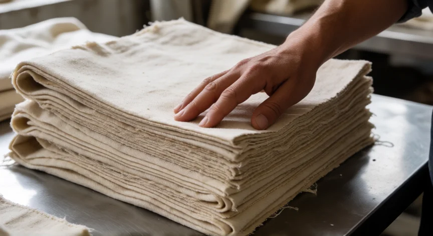 como se fabrica la estopa, Corte de paños de estopa de algodón en un taller textil artesanal
