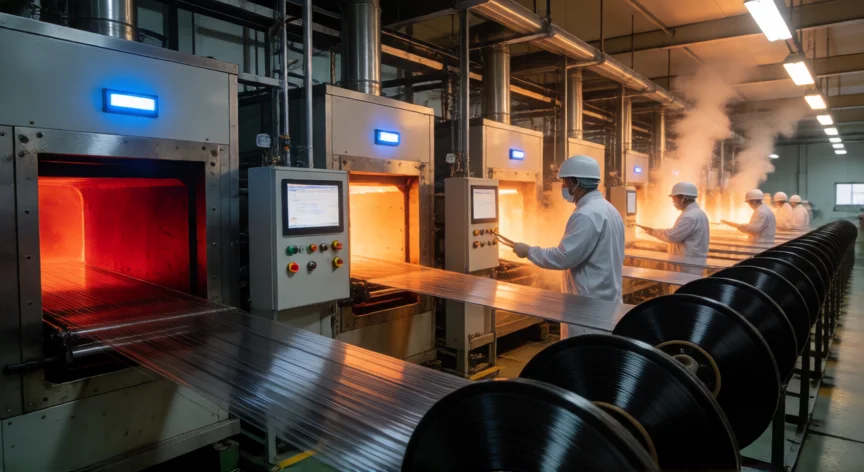 como se fabrica la fibra de carbono, Interior de planta industrial donde se carbonizan filamentos de PAN en hornos continuos a alta temperatura