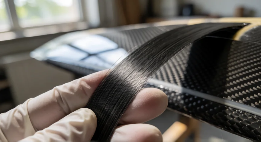 como se fabrica la fibra de carbono, Mano con guante sosteniendo un tow de 6000 filamentos de fibra de carbono con panel compuesto al fondo
