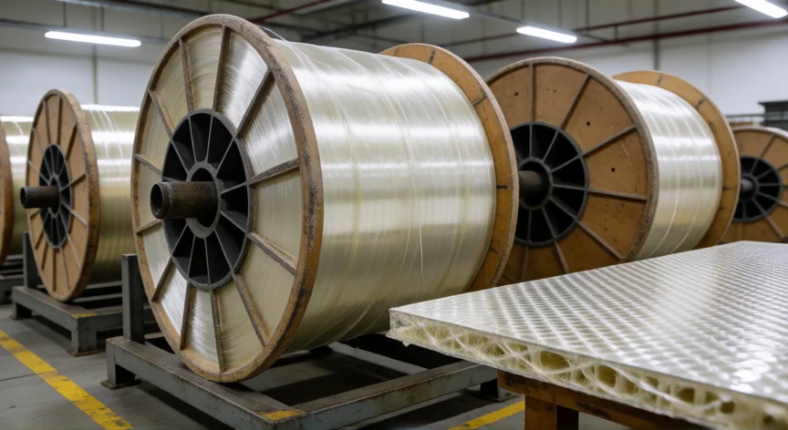 como se fabrica la fibra de vidrio, Bobinas de roving de fibra de vidrio en almacén y sección transversal de panel composite