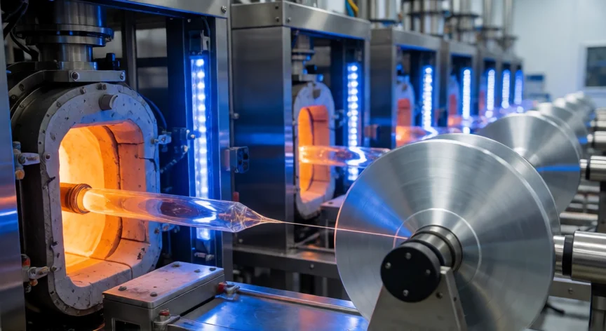como se fabrica la fibra optica, Torre de extracción de fibra óptica en una fábrica de fotónica