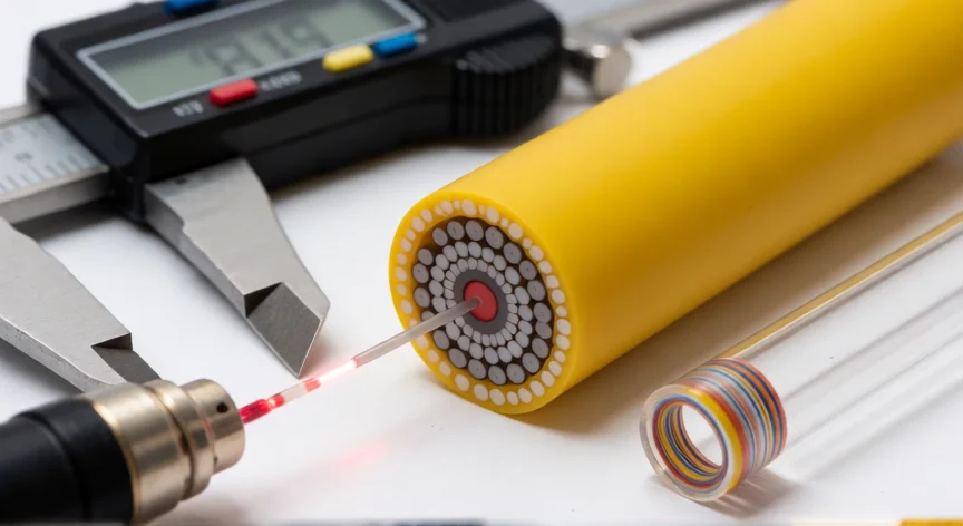 como se fabrica la fibra optica, Corte transversal de fibra óptica mostrando núcleo, funda y recubrimiento