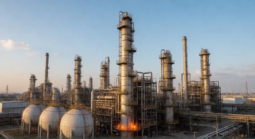 como se fabrica la gasolina, Refinería de petróleo con torres de destilación y tanques de almacenamiento al atardecer