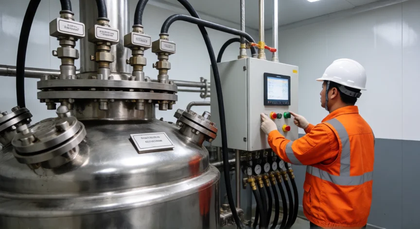 como se fabrica la gasolina, Técnico de refinería supervisando la estación de blending de gasolina en tanque de mezcla