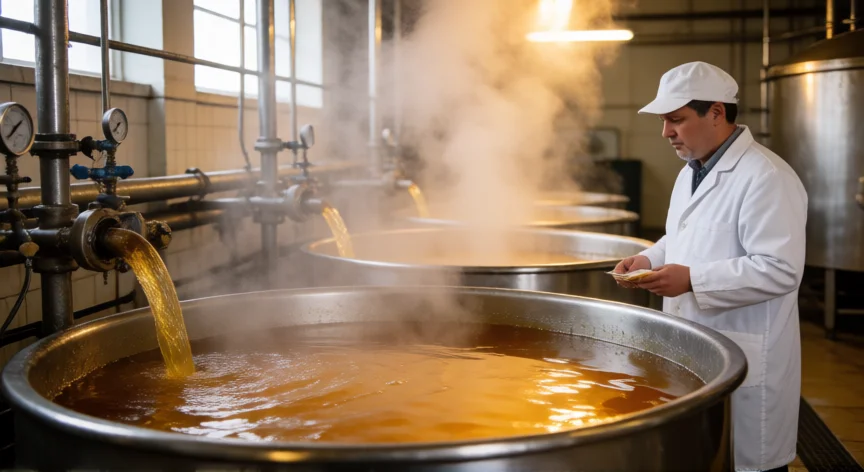 como se fabrica la gelatina, Interior de una planta industrial de fabricación de gelatina con calderas de extracción térmica