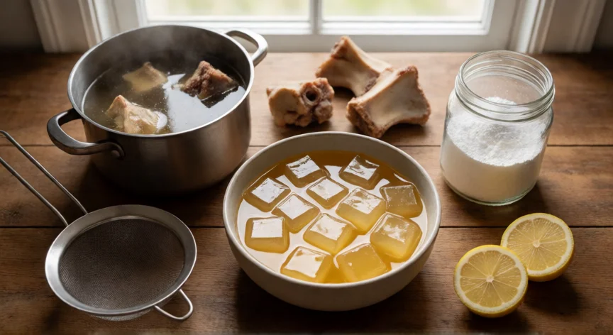 como se fabrica la gelatina, Elaboración casera de gelatina con huesos y colágeno sobre mesa de madera