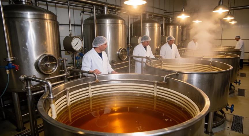 Depósitos industriales de acero inoxidable en la fase de cocción y extracción de gelatina