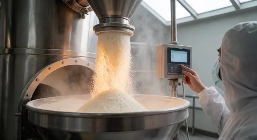 como se fabrica la gelatina de sobre, Torre de secado por aspersión (spray drying) donde la gelatina se convierte en polvo