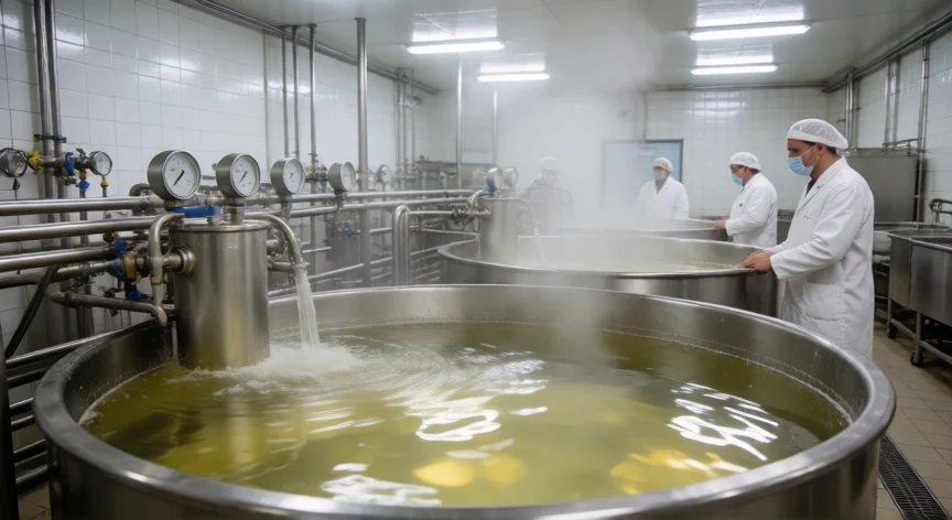 como se fabrica la gelatina sin sabor, Planta industrial de extracción y concentración de gelatina en depósitos de acero inoxidable