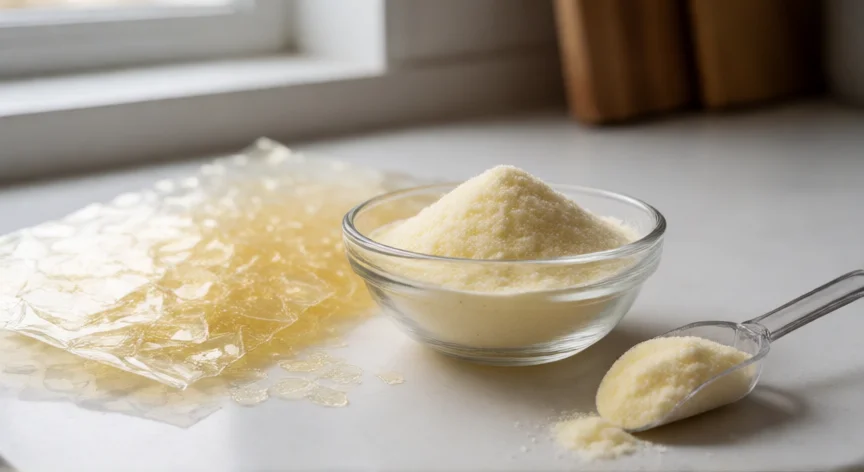 como se fabrica la gelatina sin sabor, Polvo de gelatina sin sabor y hojuelas secas en un bol de cristal sobre encimera blanca