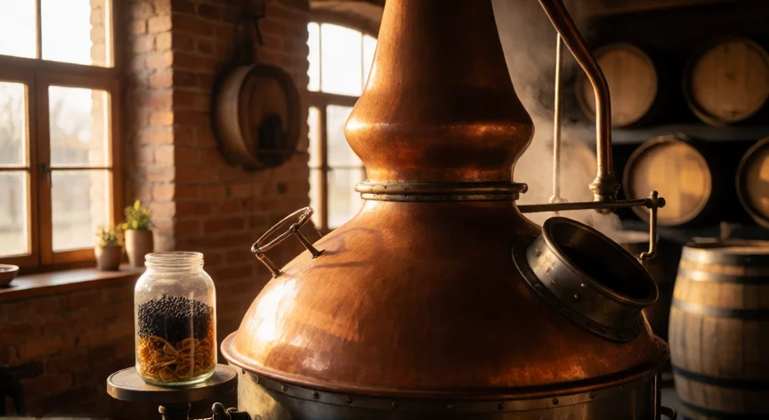 como se fabrica la ginebra, Alambique de cobre en destilería con botánicos de ginebra y vapor ascendente
