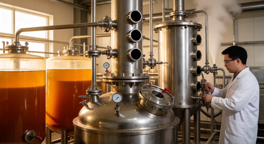 como se fabrica la glicerina, Columna de destilación a vacío en una planta de purificación de glicerina industrial