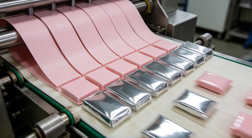 como se fabrica la goma de mascar, Línea de corte y envasado de chicles en una fábrica alimentaria