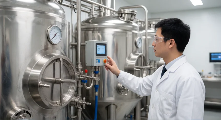 como se fabrica la goma xantana, Biorreactor industrial de acero inoxidable en planta de fermentación de goma xantana