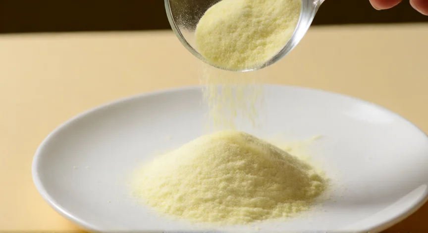 como se fabrica la goma xantana, Polvo de goma xantana de color amarillo pálido sobre plato cerámico blanco
