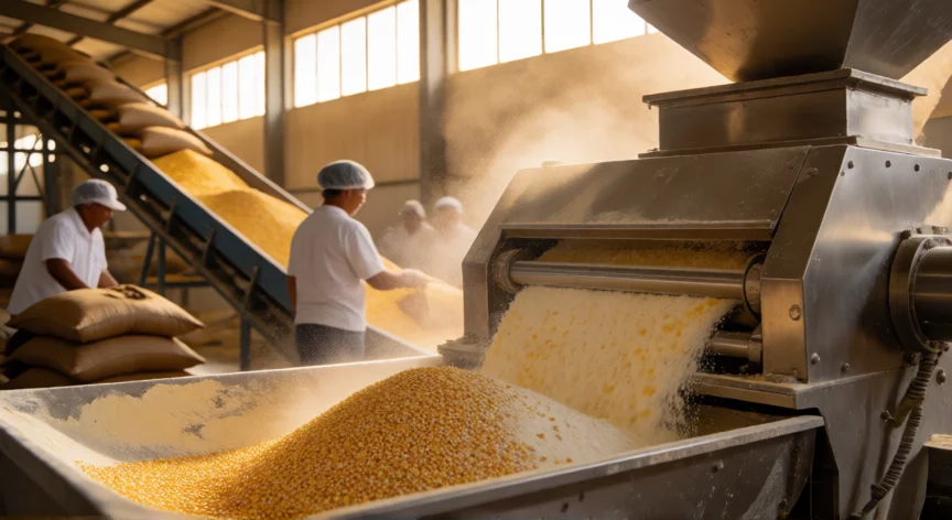 Interior de una planta industrial de molienda de maíz con molino de rodillos en funcionamiento
