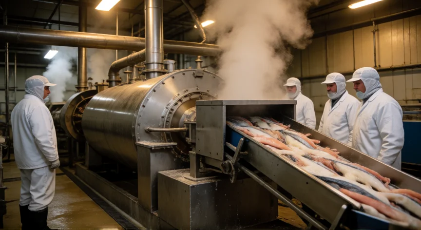 Planta industrial de fabricación de harina de pescado con cocedor-extrusor