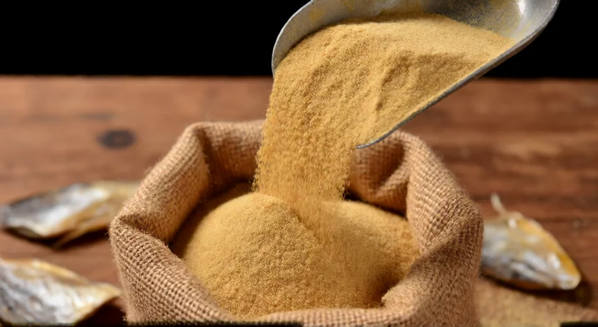 como se fabrica la harina de pescado, Harina de pescado en grano fino siendo envasada en saco