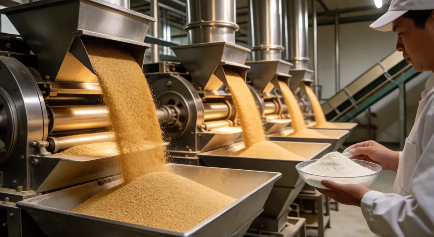 como se fabrica la harina de trigo, Interior de una molinería con rodillos de molienda y tolvas de trigo