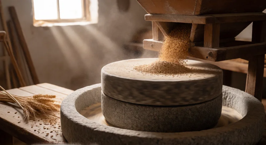 como se fabrica la harina integral, Molino de piedra tradicional moliendo grano de trigo integral en una panadería artesanal