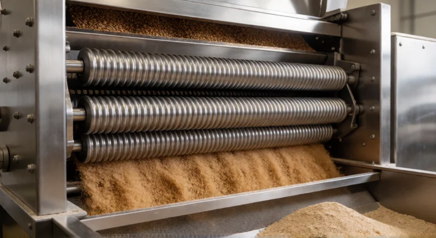 como se fabrica la harina integral, Molino industrial de rodillos moliendo trigo integral con sistema de tamizado
