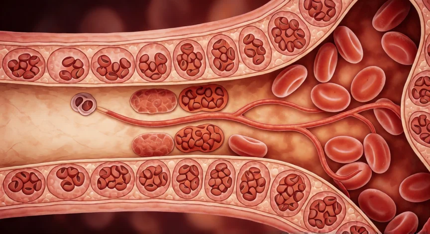Corte transversal de médula ósea mostrando eritroblastos en maduración y síntesis de hemoglobina
